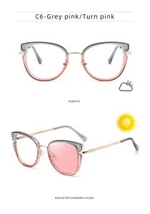 Detalle de gafas cat-eye fotocromáticas que cambian de lentes claras a color rosa