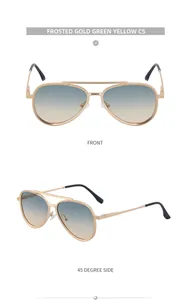 Detail view of frosted gold aviator sunglasses with gradient blue to yellow lenses