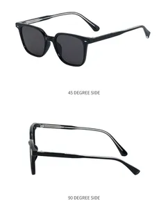 Detail view of square black sunglasses showing 45-degree and 90-degree side profiles