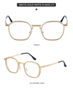 Front and side views of matte gold square sunglasses with black temple tips