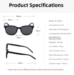 Detailed size guide and technical specifications for TR90 polarized sunglasses
