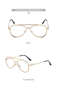 Detailed view of frosted gold aviator frames with front and side profile displays