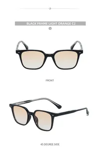 Front and 45-degree side view of black square frame sunglasses with light orange lenses