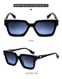 Detail of oversized square sunglasses featuring unique hollow geometric temple design