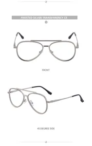 Macro view of frosted silver aviator frame with clear lenses and double bridge design