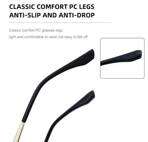 Détail de la branche de lunettes en PC noir avec charnière dorée et texture antidérapante