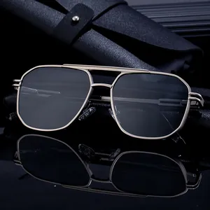2025 square double bridge sunglasses for men with metal frame and leather case