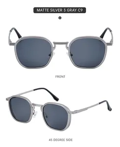 Detail view of matte silver square metal sunglasses with gray lenses and spring hinges