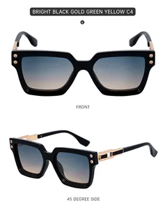 Front and side view of large frame oversized sunglasses with gold metal hollow temples