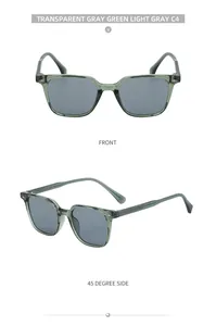 Detail view of transparent gray green square frames with premium gray lenses from two angles