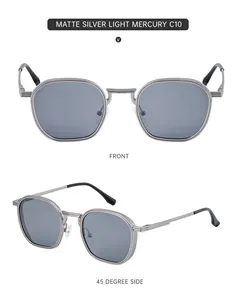 Detail view of matte silver square sunglasses with light mercury lenses and metal frames