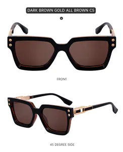 Macro detail of dark brown gold square sunglasses with metallic temple accents
