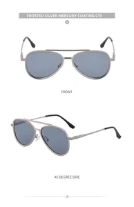Macro view of matte silver aviator sunglasses with professional mercury coated lenses