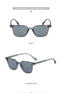 Front and side view of square dark gray transparent frame sunglasses with gray lenses
