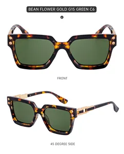 Detail view of tortoiseshell square sunglasses with G15 green lenses and gold metal trim