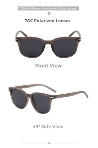 Detailed views of translucent tea-gray TR90 frames with polarising TAC lenses