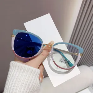 Detalle de las lentes fotocromáticas y anti-luz azul en la montura cuadrada