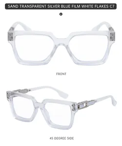 Detailed front and 45-degree views of sand transparent square glasses with silver rivets