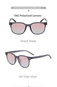 Detailed front and 45-degree view of TR90 polarized sunglasses with sunset red lenses