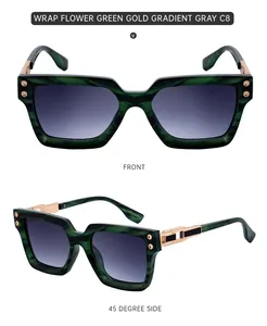 Front and side view of green marble sunglasses with gradient gray lenses and gold temples