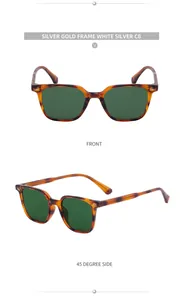 Front and 45-degree side view of square tortoiseshell sunglasses with green lenses