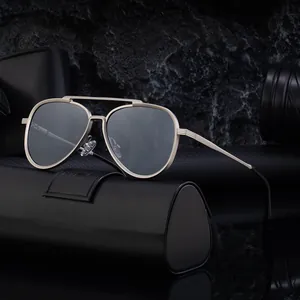 Classic silver metal aviator sunglasses for men with dark lenses and a premium leather case
