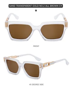 Detail view of sand transparent sunglasses with gold metal hinges and brown lenses