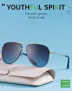 Detail of aviator sunglasses with blue-purple gradient lenses and beige leather pouch