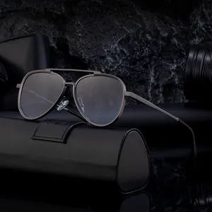 Classic gunmetal aviator sunglasses with light blue lenses and folding leather case