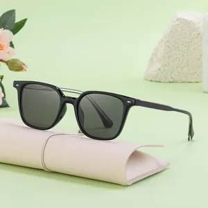 Fashion square frame black sunglasses for women with silver studs and cream leather case