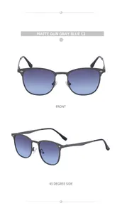 Vues frontale et à 45 degrés de lunettes de soleil gris mat avec verres dégradés bleus