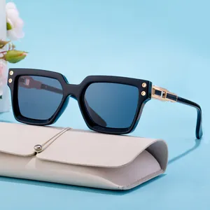 Classic black square sunglasses for men with gold rivets and a beige leather case