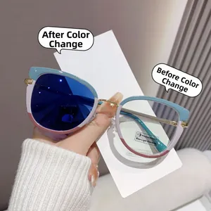 Detalle de gafas fotocromáticas anti-luz azul mostrando el cambio de color de lentes