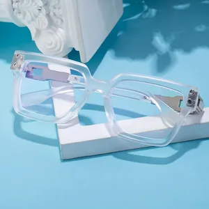 Modern oversized square sunglasses for men with frosted clear frame and metallic accents
