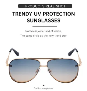 Detail of rimless aviator sunglasses with gradient lenses and gold metal frame