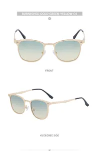 Vue avant et latérale de lunettes de soleil dorées avec verres dégradés vert-jaune