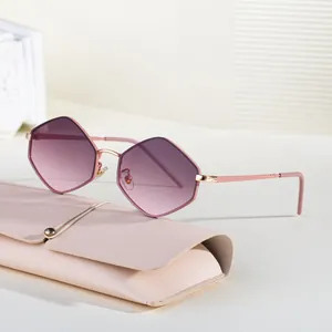 Irregular polygon sunglasses with purple gradient lenses and pink leather case