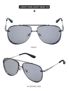 Detailed front and 45-degree side views of light gunmetal aviator sunglasses for men
