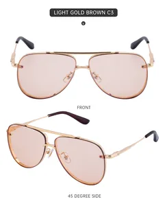 Front and side macro views of light gold aviator sunglasses with brown lenses