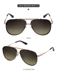 Front and 45-degree angle of classic gold aviator sunglasses with brown gradient lenses