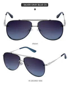 Detail view of silver aviator sunglasses with gray blue gradient lenses and metal frame