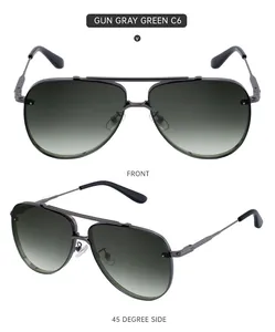 Close-up of gun gray metal aviator frame with gradient gray-green lenses and temple tips