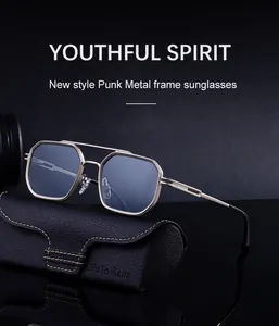 Macro detail of punk polygon sunglasses with gold metal frames on a leather case