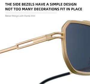 Detailed macro view of the gold metal frame and hollow temple design of square sunglasses