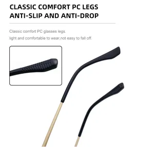 Detail of square sunglasses with anti-slip PC temples and light gold metal frame arms