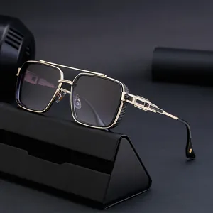 Retro square frame punk sunglasses for men with gold black metal double bridge and leather case