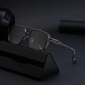 Retro square gunmetal sunglasses with punk double bridge on a black folding case