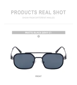 Front view of C1 matte black double bridge square sunglasses with gray lenses