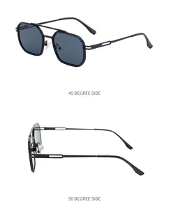 Detail view of retro square metal sunglasses showing 45 and 90 degree side profiles