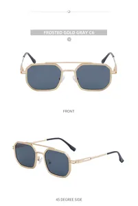 Front and 45-degree side view of frosted gold square sunglasses with gray lenses